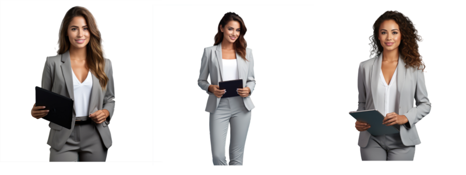 Successful business woman of White ethnicity. she holding an tablet in her hand,  the person is dressed in gray business formal attire - Powered by Adobe