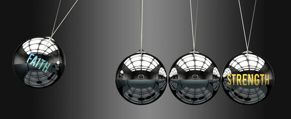 Faith leads to Strength. A metaphor in which faith initiates motion of strength and gives it energy. Cause and effect relation between faith and strength.,3d illustration