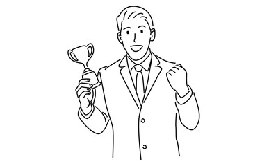 line art of businessman holding golden trophy