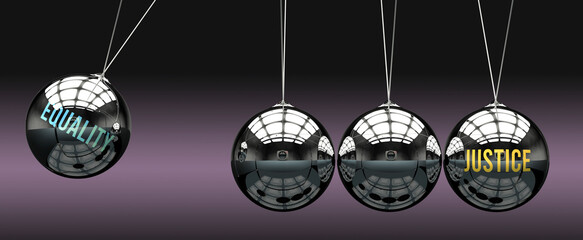 Equality leads to Justice. A metaphor in which equality initiates motion of justice and gives it energy. Cause and effect relation between equality and justice.,3d illustration