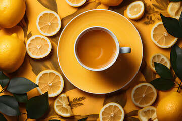 Cup of lemon fruit tea surrounded by fruit slices