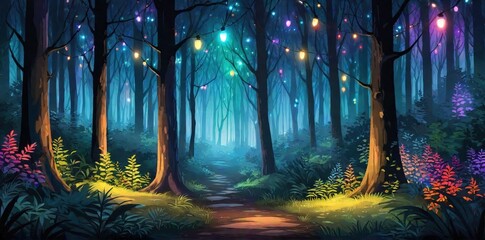 Paisaje de un bosque mágico iluminado con luminarias de colores  - obrazy, fototapety, plakaty