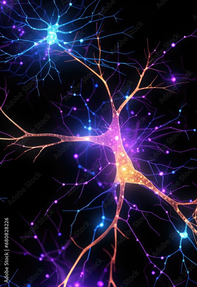 Poster neurons in a dark background. generative ai.