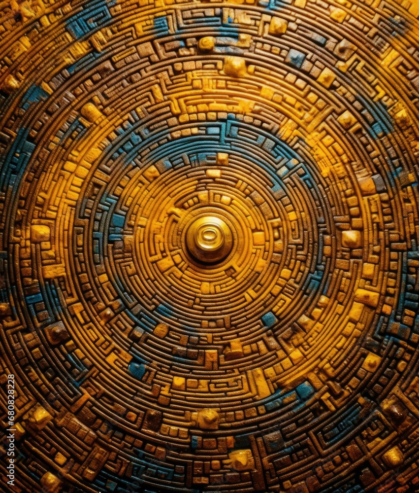Poster an abstract circular design made of gold and blue. generative ai.