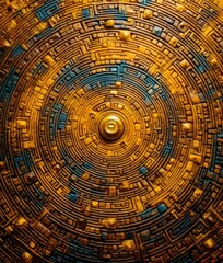 An abstract circular design made of gold and blue. Generative AI.
