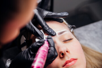 The makeup artist performs permanent makeup. Professional makeup and facial care. Eyebrow and lip...