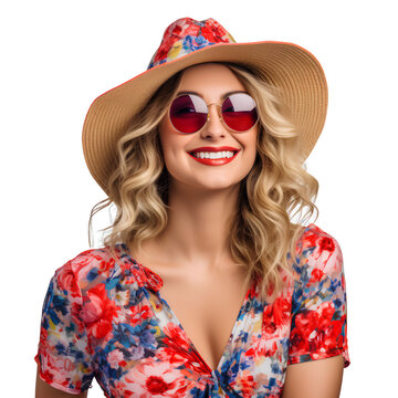 Beautiful woman in hat and glasses is smiling in summer tourist outfit on transparent background PNG