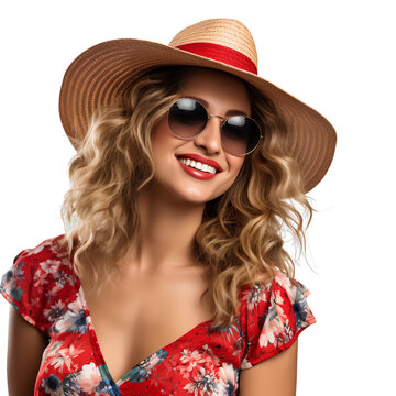 Beautiful woman in hat and glasses is smiling in summer tourist outfit on transparent background PNG