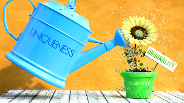 Uniqueness grows originality. A metaphor in which uniqueness is the power that makes originality to grow. Same as water is important for flowers to blossom.,3d illustration