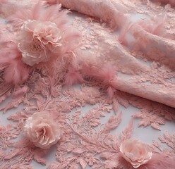 Obraz premium Pink flora and feather lace fabric with cloud