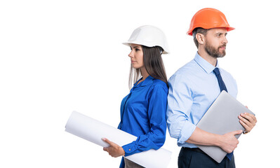 Architect planning work. Chief engineer and architect in hardhat isolated on white. Safety business. Data protection. Supervisor engineer with blueprint. Plan construction project. Copy space