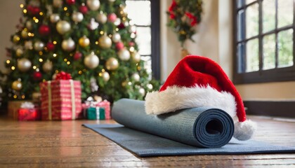 santa hat on a rolled up yoga mat with christmas tree in background for holiday fitness lifestyle