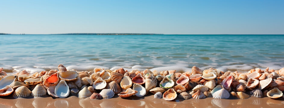 Wide background Facebook image banner of different shapes of sea shells on a beach sand 