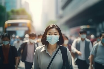 Fototapeta na wymiar Asian businesswoman wearing a face mask to protect against the COVID-19 virus in the city.Generative AI