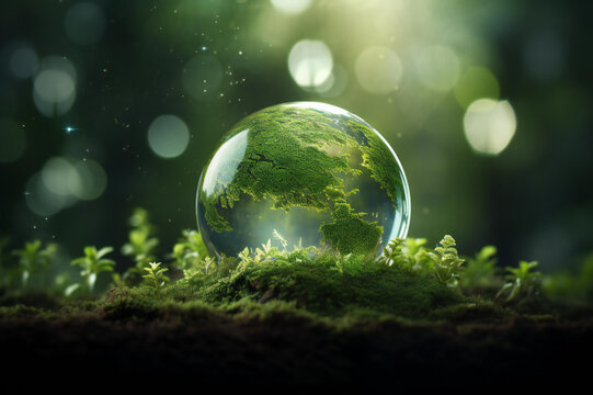 Crystal Earth planet green forest city, Environmental, and Sustainability Bio Circular Green Economy concept.