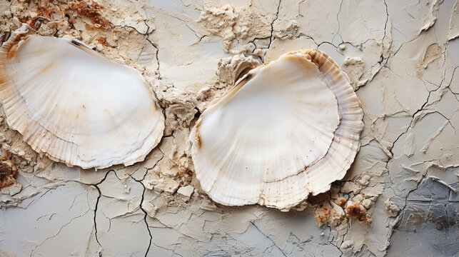 Wide background image banner of different shapes of sea shells on a dried and cracked floor 