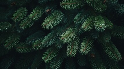 Fototapeta na wymiar Beautiful Christmas Background with green pine tree brunch close up, trendy moody dark toned design for seasonal quotes