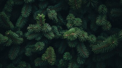 Beautiful Christmas Background with green pine tree brunch close up, trendy moody dark toned design for seasonal quotes - obrazy, fototapety, plakaty