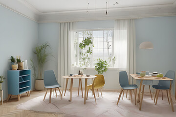 Modern Clean Contemporary Nile Blue Kitchen, Minimalist Interior Design, Wooden Dining Table