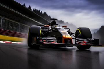 Racing triumph Formula car speeds past the finish line, with a motion-blurred background. AI Generative wonder adds excitement to this dynamic scene. - obrazy, fototapety, plakaty
