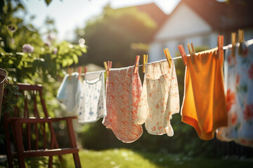 Sunlit laundry Clothes on a rope outdoors. AI Generative wonder captures the eco-friendly beauty of air-dried garments in a natural environment.