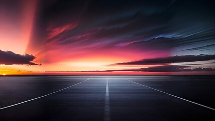 an empty runway with a dark sky and clouds, a matte painting, lyrical abstraction, ht landscape background, dark tenebrous blue background, opalescent ht background. Generative Ai - obrazy, fototapety, plakaty