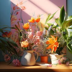 Vase with orange flowers on the desk