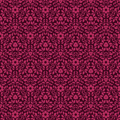 Dark botanical pattern with pink silhouette floral motifs isolated on a dark brown black background