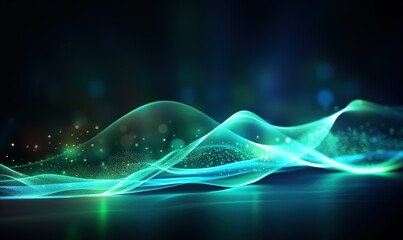 Chromatic abstract futuristic background with green blue glowing neon moving high speed line waves and bokeh lights. Data transfer concept Fantastic