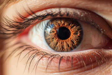 Intriguing photo featuring the depth and clarity of a woman's stunning blue eyes. A portrait of captivating beauty and soulful emotion is AI Generative.