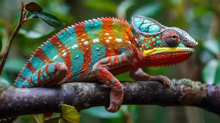 Foto op Canvas A multicolored chameleon sits on a tree branch in the rainforest, displaying vibrant scales and an attentive gaze © Sachin