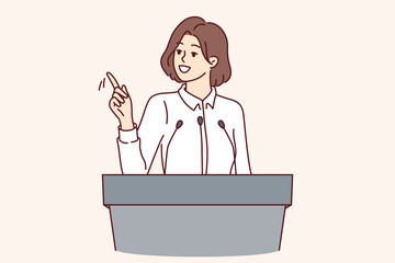Woman speaker gives press conference to journalists standing behind podium with microphone. Businesswoman speaker participates in corporate conference and talks about company successes
