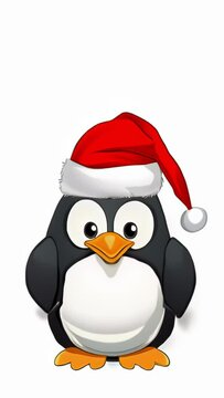 A cartoon penguin in a red Santa Claus hat is saying something very fast on a white background. Christmas and New Year celebration concept. High quality 4k footage.