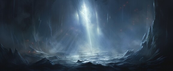 Prismatic shards of light piercing through a dense fog, creating a mystical and ethereal atmosphere.
