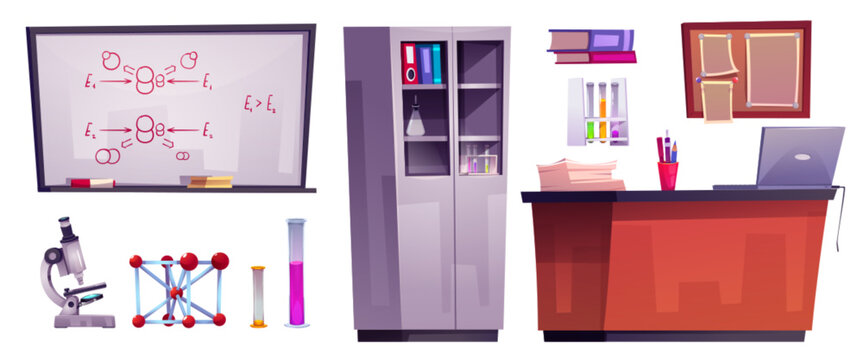School chemistry classroom or science lab furniture and equipment. Cartoon vector set of tools and supplies for chemical experiments and education - chalkboard with formula, glassware and microscope.