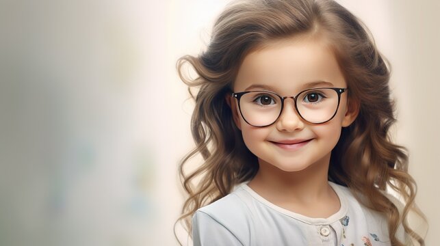 Create an endearing image that showcases a cute little girl with glasses on a light background. Capture her innocence and charm as she gazes into the camera with a bright smile