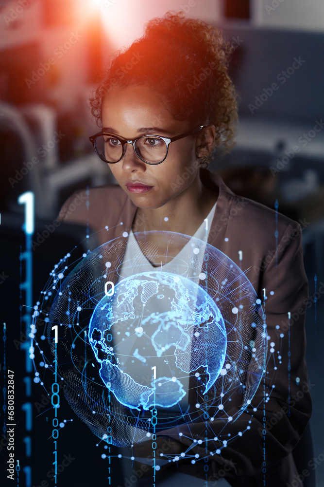Poster young woman working in the office and global communication network concept. information technology. 