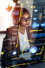 A woman operating a hologram interface. Graphical user interface. Head up display. Digital technology.
