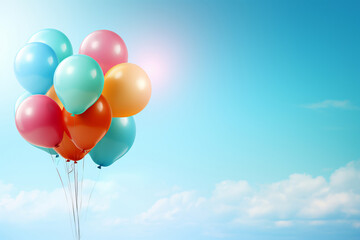 Many colorful balloons, a closeup bunch, create a bright and joyful atmosphere against the blue sky a perfect backdrop for a celebratory birthday party. AI Generative.