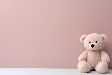 A pink teddy bear, the epitome of childhood love, sits joyfully on a bedchamber table. This cute toy is AI Generative.