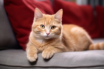 An adorable close-up photo of a fluffy orange tabby cat sitting on a red couch, looking directly at the camera with big, bright green eyes.