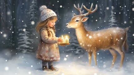 Obraz na płótnie Canvas Little Girl Giving Present To A Deer in Winter Christmas