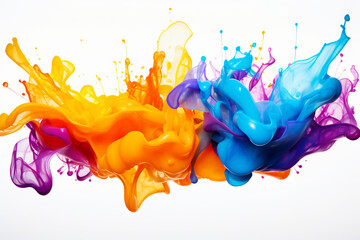 Flying multicolored object on white background. Isolated liquid splatter showcases artistic creativity and grunge texture. Abstract, dynamic, and colorful. Is AI Generative. - obrazy, fototapety, plakaty