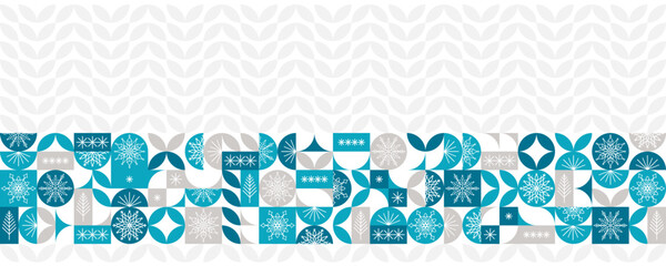 Christmas banner with geometric pattern in blue colors, snowflakes and Christmas trees