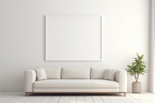 Three-dimensional mock-up frame poster in a luxurious Scandinavian living room with a white sofa. Elegant interior design. This description is AI Generative.