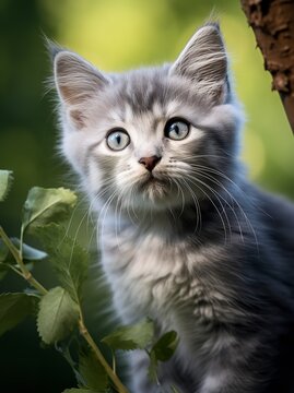 Charming close-up photo of a playful gray and white kitten perched on a tree branch. The kitten has big, curious blue eyes and soft, fluffy fur. 