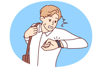 Stressed man look at wristwatch being late for work. Unhappy guy check time worry about missed deadline. Time management. Vector illustration.