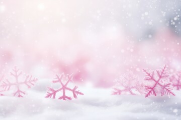Beautiful white decorative snowflakes on a festive pink bokeh background with copy space