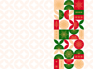 Christmas banner with geometric pattern in red and green colors, snowflakes and Christmas trees