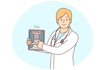 Smiling female doctor show body organ on tablet